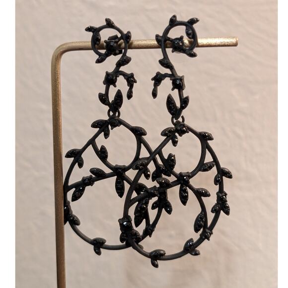 Black Subtle Sparkle Leafy Vine Dangle Post Earrings - Picture 1 of 5